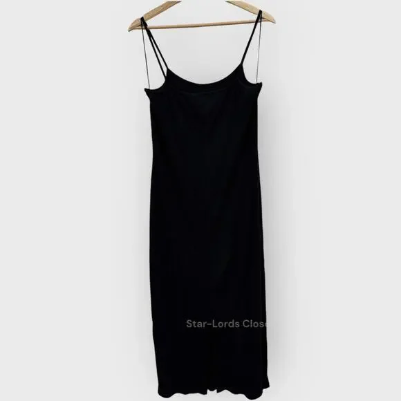 Womens L Black Ribbed Knit Midi Dress Scoop Neck Sleeveless Bodycon Quiet Luxury - Picture 8 of 8